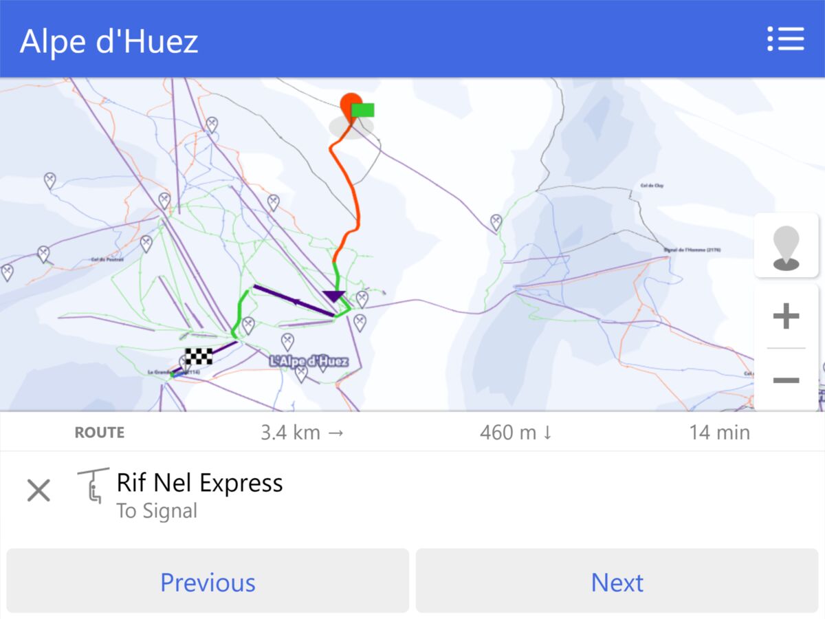 Ski Nav showing a route across the Alpe d'Huez piste map: 3.4 km, 460 m descent, 14 minutes.